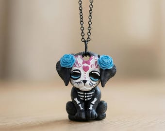 Sugar Skull Dog Necklace – Hand Painted Resin Pendant – Dia de los Muertos – Gothic Kawaii Jewelry – Black Chain Hearts