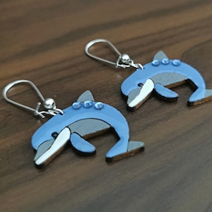 Dauphin Earrings, wood jewel in laser cutting, rhinestones, blue, gray and white