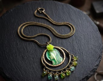 Boho Virgin Mary Cameo Necklace, Antique Brass Medallion Pendant, Green Glass Beads, Handmade Jewelry