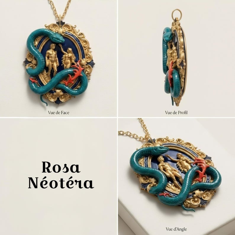 May include: A gold-toned pendant necklace with a teal snake wrapped around a blue and gold oval frame. Inside the frame are two gold figures and red accents. The text "Rosa N&eacute;oT&eacute;ra" is also visible.