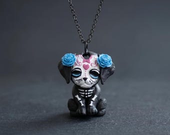 Sugar Skull Dog Necklace – Hand Painted Resin Pendant – Dia de los Muertos – Gothic Kawaii Jewelry – Black Chain Hearts