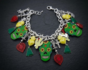 925 Sterling Silver Sugar Skull Charm Bracelet – Convertible Necklace, Dia de los Muertos Jewelry