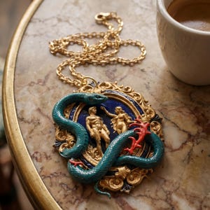 May include: A gold-toned necklace with a pendant featuring a scene with two figures and a teal snake. The pendant has a blue background and is framed with gold filigree. A red coral-like element is also present. A cup of coffee sits nearby.