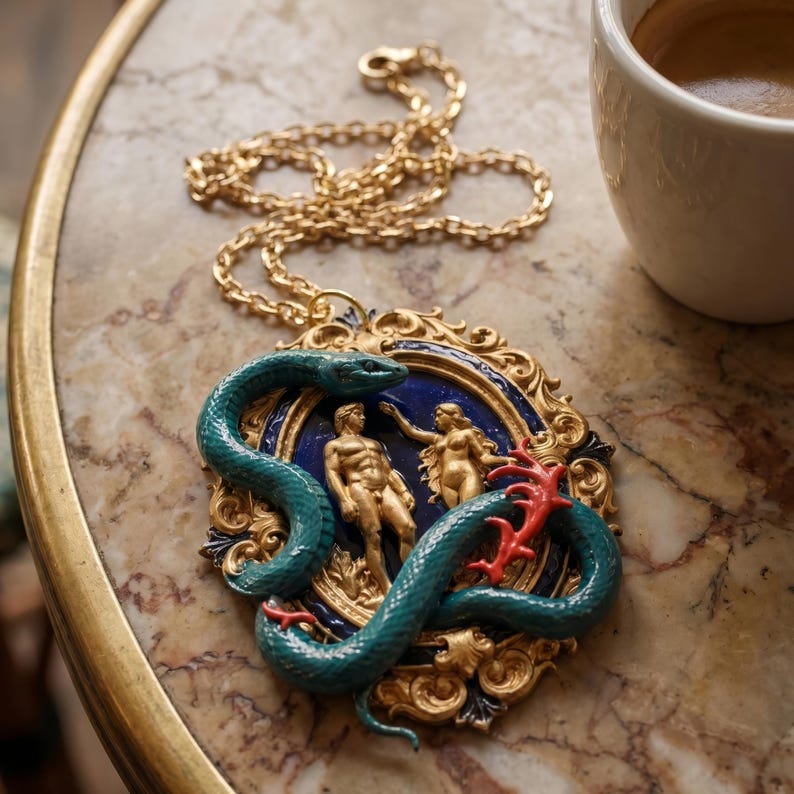 May include: A gold-toned necklace with a pendant featuring a scene with two figures and a teal snake. The pendant has a blue background and is framed with gold filigree. A red coral-like element is also present. A cup of coffee sits nearby.
