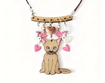 Colgante de gato de madera cortado con láser, joyería boho y vintage, pintura acrílica, collar de animales
