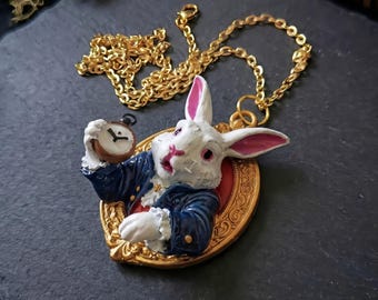 White Rabbit necklace Alice in Wonderland, hand painted resin cameo gold frame, pocket watch, fairy tale jewelry