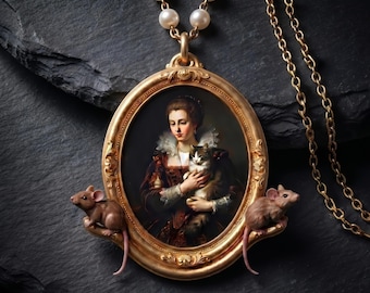 Cat and mice cameo necklace — gothic baroque jewelry, hand-painted resin medallion, pearl-accented chain 50 cm