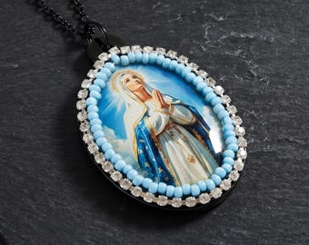 SACRED ++ Virgin Mary Cameo Necklace, Blue Resin Medallion Pendant, Turquoise Beads Crystal Rhinestones, Black Chain, Handmade Jewelry