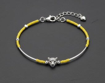 Leopard Bracelet – Yellow Seed Beads, Silver Heart Charms, Bohemian Adjustable Handcrafted Women Jewelry