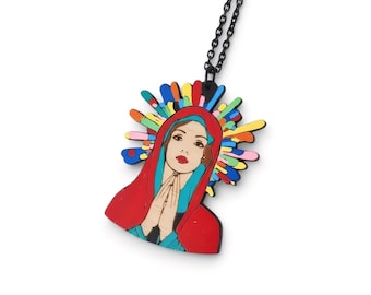 Colgante de madera, Virgen María, arte popular mexicano, joyería religiosa vintage