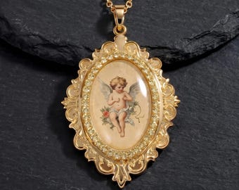 CHERUB ++ Gold mirror acrylic medallion necklace laser cut resin pendant champagne rhinestones vintage angel