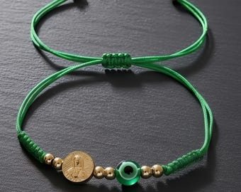 Virgin Mary Bracelet Green Evil Eye Nazar Bead Gold Brass Braided Nylon Cord Adjustable Protection