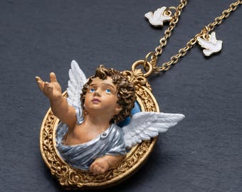 Baroque Angel Cameo Necklace Hand Painted Resin Cherub Pendant Renaissance Religious Jewelry Gold Chain