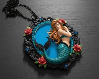 Mermaid and roses cameo necklace — cottagecore fantasy jewelry, hand-painted resin medallion, black chain 50 cm