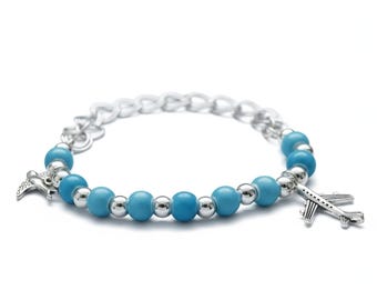 Pulsera de cerámica turquesa y plata con charms de avión y pájaro - metal - Joyas de viaje y libertad