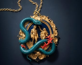 Collar de Adán y Eva – Colgante de camafeo de resina pintada, serpiente barroca, joyería gótica renacentista hecha a mano, pieza única