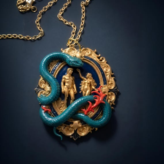 Collier Adam et Eve – Pendentif Camée en Résine Peinte, Serpent Baroque, Bijou Gothique Renaissance Fait Main, Pièce Unique