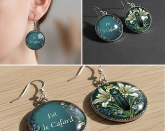 Pendientes vintage de metal con cabujón, Colección French Expressions, J'ai le Cafard (Me siento mal), hechos a mano.