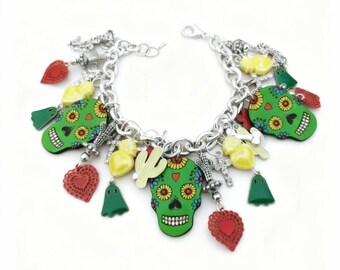 Pulsera de plata de ley 925 con charms de Calavera de Azúcar, transformable en collar