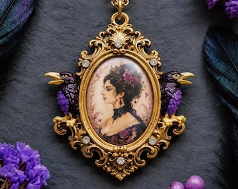 RAVEN ++ Gothic Raven Locket Necklace baroque gold frame, resin cabochon pendant, mysterious woman portrait, dark jewelry