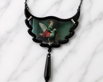COLOMBE ++ Victorian girl & dove acrylic pendant necklace ++ laser cut black medallion ++ vintage image ++ gothic witchy jewelry