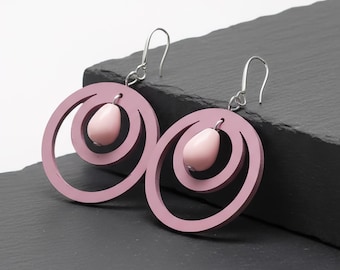 Pendientes geométricos rosas - Pendientes geométricos rosas - Modernos pendientes circulares con cuentas colgantes - Joyería ligera hecha a mano
