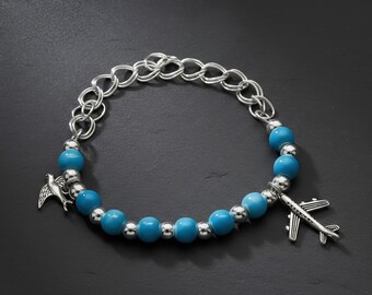 Turquoise Ceramic Silver Bracelet – Airplane Bird Charms, Travel Freedom Jewelry, Boho Summer Gift
