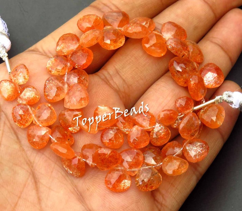 Red Sunstone Heart shape briolette beads 8 Inch BH#875 Faceted Rainbow lattice Sunstone beads Toppest* Natural Sparkle Sunstone Beads