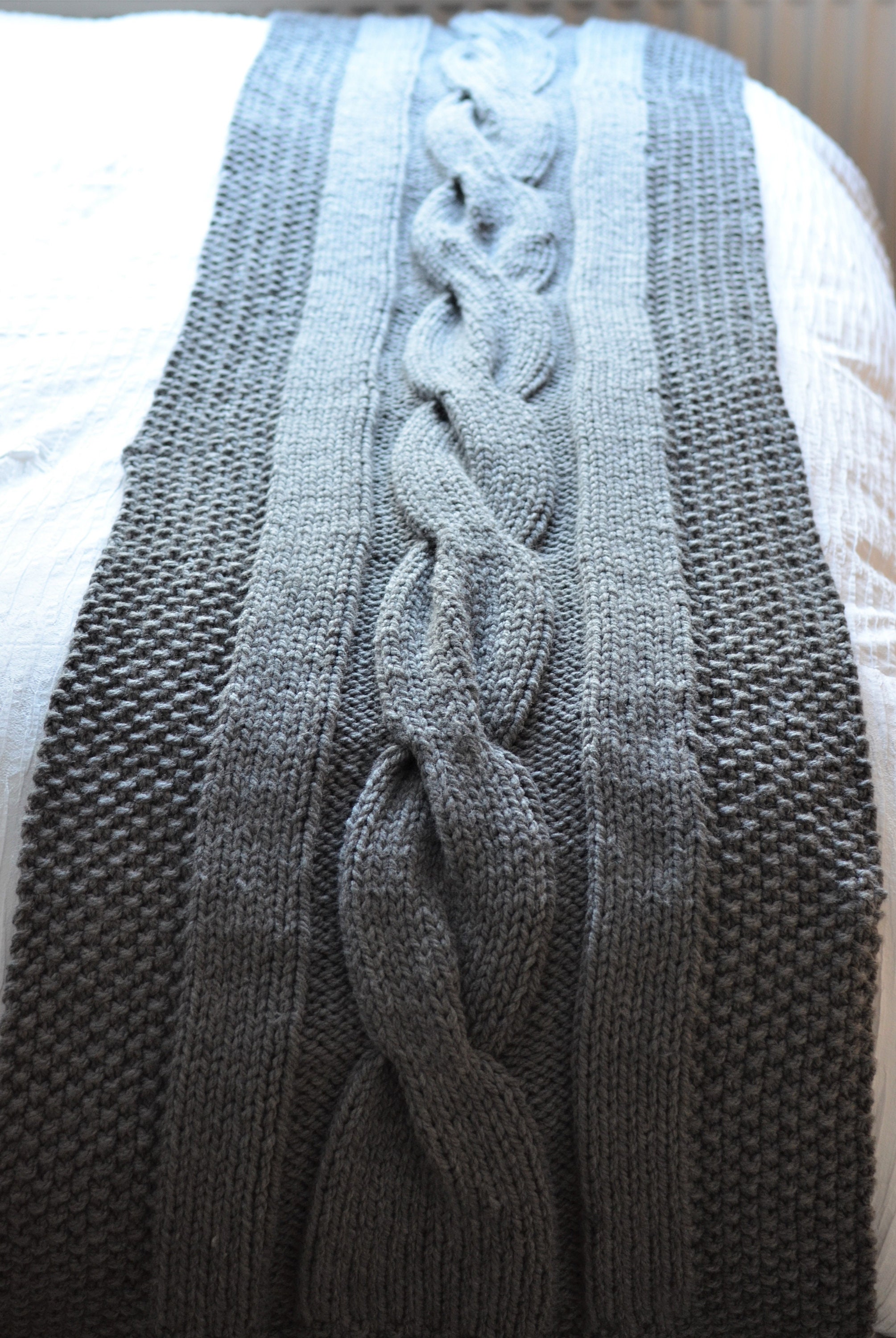 Hand Knitted King Size Bed Runner Throw Blanket True Grey Etsy