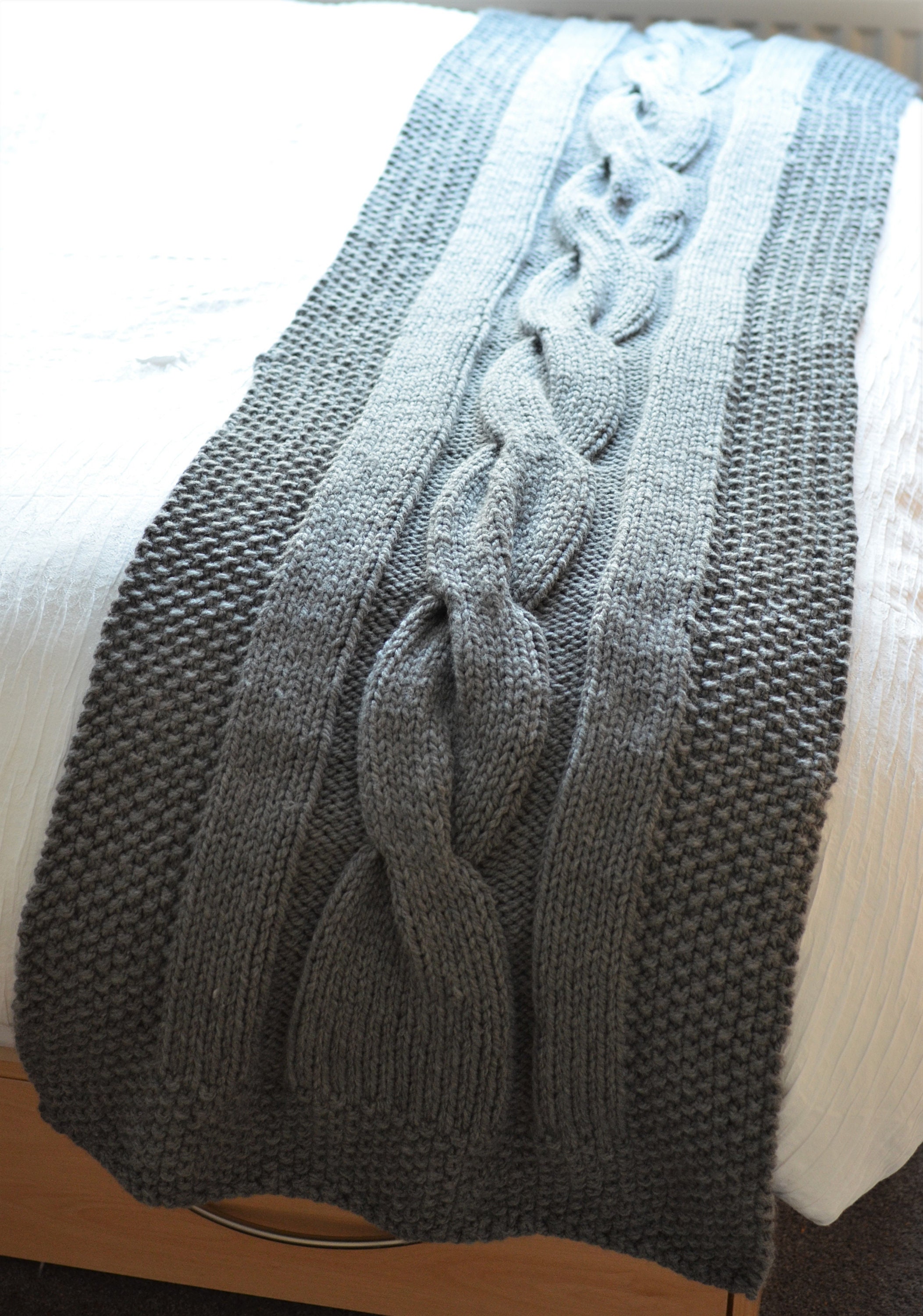 Hand Knitted King Size Bed Runner Throw Blanket True Grey Etsy
