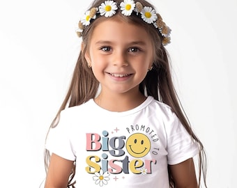 Colorful 'Promoted to Big Sister' Kids T-Shirt with Daisy & Stars Design, Baby Announcement, Pregnancy Reveal