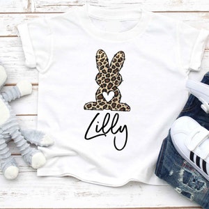 Personalized Easter Shirt: Leopard Bunny, Custom Name Girls T-shirt