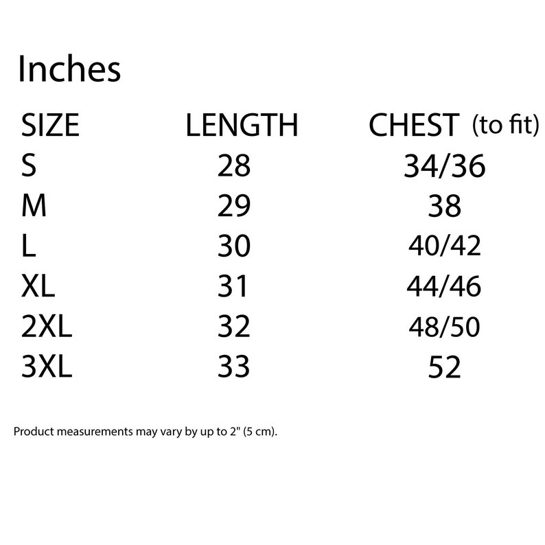 May include: Size chart showing length and chest measurements in inches for sizes S, M, L, XL, 2XL, and 3XL.