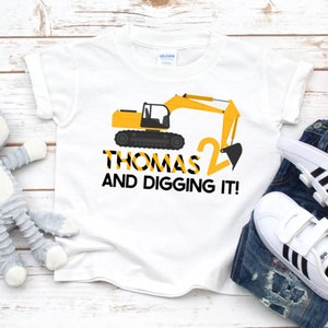 Personalised construction digger Excavator birthday shirt with custom name and age, construction themed boys birthday outfit,