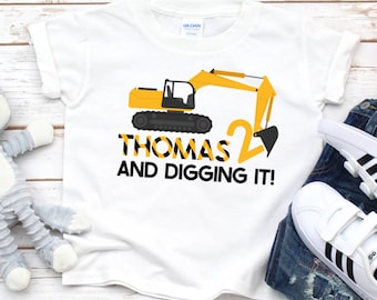 Personalised construction digger Excavator birthday shirt with custom name and age, construction themed boys birthday outfit,
