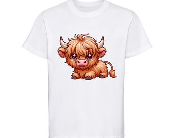 T-shirt pour enfants Vache des Highlands | Tee-shirt graphique 100% coton pour enfants | Tailles 1-12 ans | Cadeau parfait pour les amoureux des animaux"