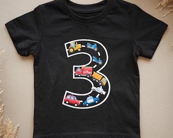 T-shirt 3e verjaardag jongen: nummer 3 met auto's en vrachtwagens