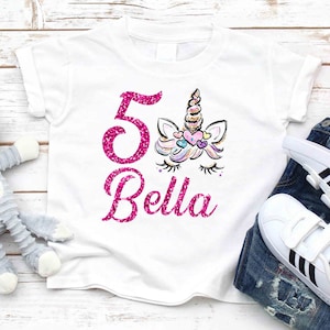 Personalised Unicorn birthday girl t shirt with custom name and age with glitter imitation.