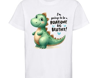 Adorable Dinosaur 'ROARSOME BIG BROTHER' Kids T-Shirt - New Baby Announcement Idea - Pregnancy Reveal