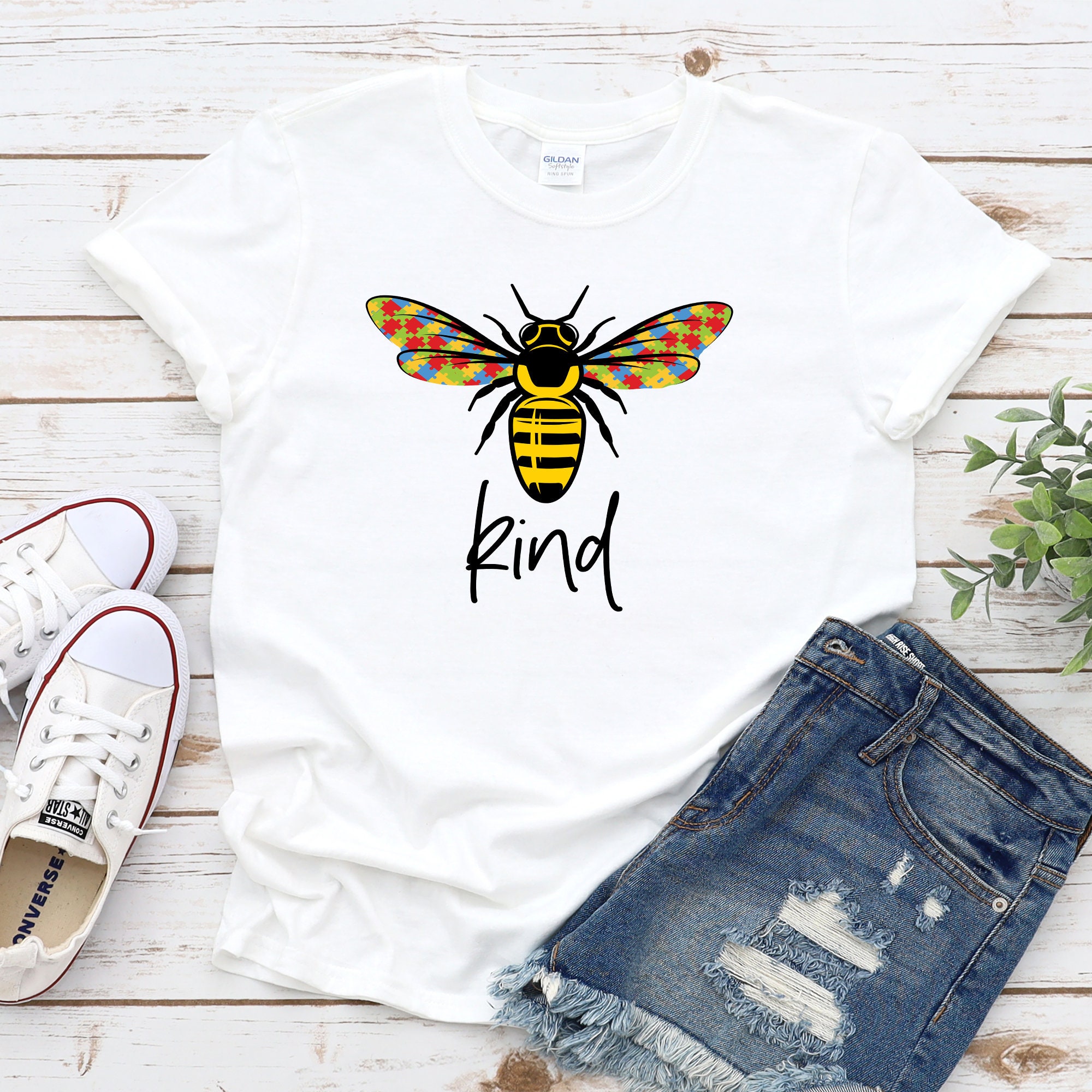 Image of Bee Kind T-Shirt, Autism Awareness Shirt, Colourful Puzzle Autism Color Peaces, Cute Graphic, Autistic Family Member, Teacher Assistant