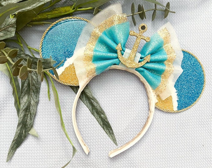 Featured listing image: Glitter Cruise Ears with Gold Anchor Bow