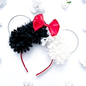 Cruella Inspired Wire Flower Mouse Ears Headband - Villain Ears - Halloween Party Ears - Black and White Ears