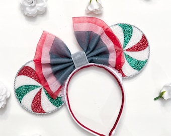 Red and Green Glitter Ears with Oversized Red and Green Bow - Christmas Headband -  Peppermint Ears