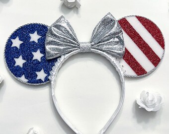 Red, White, & Blue Ears with Silver Bow - 4th of July inspired headband