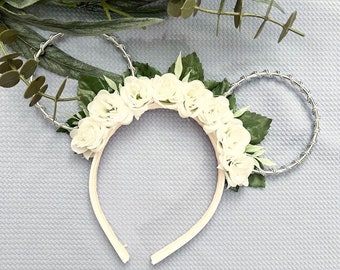 Roses Floral Mouse Ears - White Roses Ears - Engagement Flower Ears - Bride Ears - Wedding Inspired Ears
