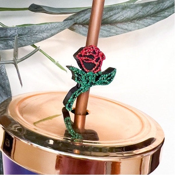 Glitter Enchanted Rose Straw Buddy | Princess Straw Topper | Belle inspired Straw Charm | Straw Decoration