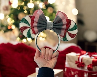 Red and Green Glitter Ears with Oversized Red and Green Bow - Christmas Headband -  Peppermint Ears
