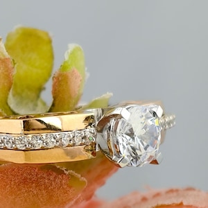 Men&quot;s Round Cut Moissanite  Diamond Engagement Ring, 14k Solid Yellow Gold, Prong Setting Diamond , Broad Band For him, Side Accents Round