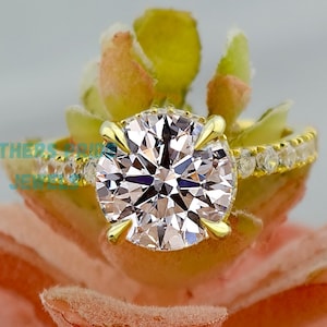 3CT Hidden halo Round Cut Moissanite Diamond Engagement Ring, Claw Prong Setting, Side Round Diamond, 18k Yellow Gold Ring, Anniversary Gift