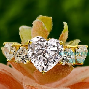 2 CT Heart Shape Lab Grown Diamond Engagement Ring, Five Stone Diamond, Round Accent Diamond, 14k Solid Yellow Gold Ring, Proposal Gift